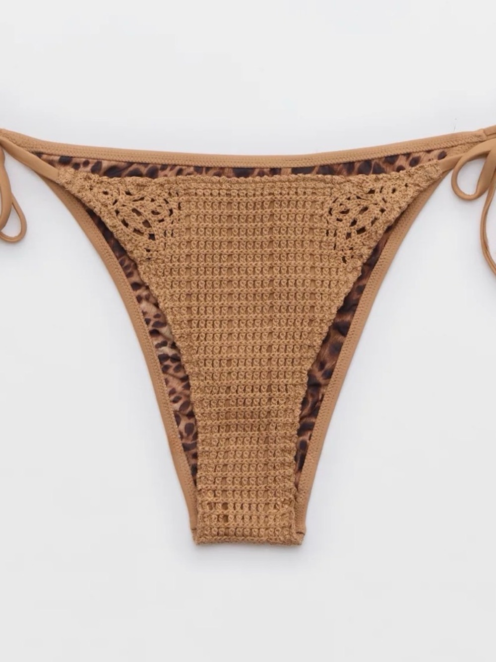 aerie Sunbun Crochet Tie-Side Bikini Bottom with Leopard Trim reversible side